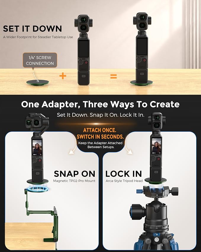 OMOTON TP02-Ultra Multi-Device Camera & Phone Mount with 1/4" Adapter Green | Built-In 1/4" & Arca Base, Clamp, Magnetic & Tripod Setups for iPhone, Pocket/Action Cameras, Overhead & Low-Angle Filming - Image 4