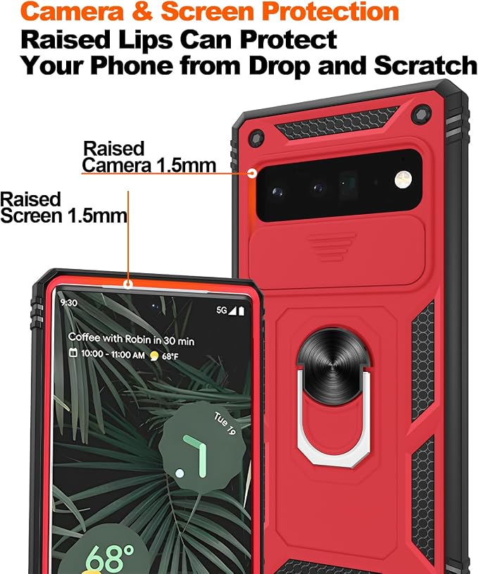 for Google Pixel 6 Pro Case with Slide Camera Cover & Screen Protector (2 PCS), Pixel 6 Pro Case Build in 360° Rotating Ring Kickstand, Military Grade Protective Case for Google 6 Pro Case, Red+Black - Image 5