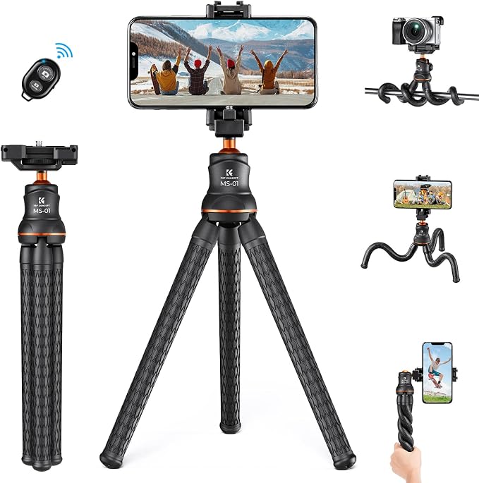 K&F CONCEPT Flexible Mini Tripod Stand | 1/4'' Screw with Phone Holder & Cold Shoe, Bluetooth Remote, 6.6lbs Max Load, MS01 by KFCONCEPT