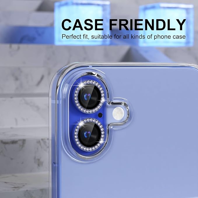 Choiche for iPhone 16/16 Plus Camera Lens Protector, Diamond-Ultramarine | Ultra HD, Bling 9H Tempered Glass Camera Cover Screen Protector Metal Individual Ring Accessories, 2-Lens, 6.1/6.7-inch - Image 4