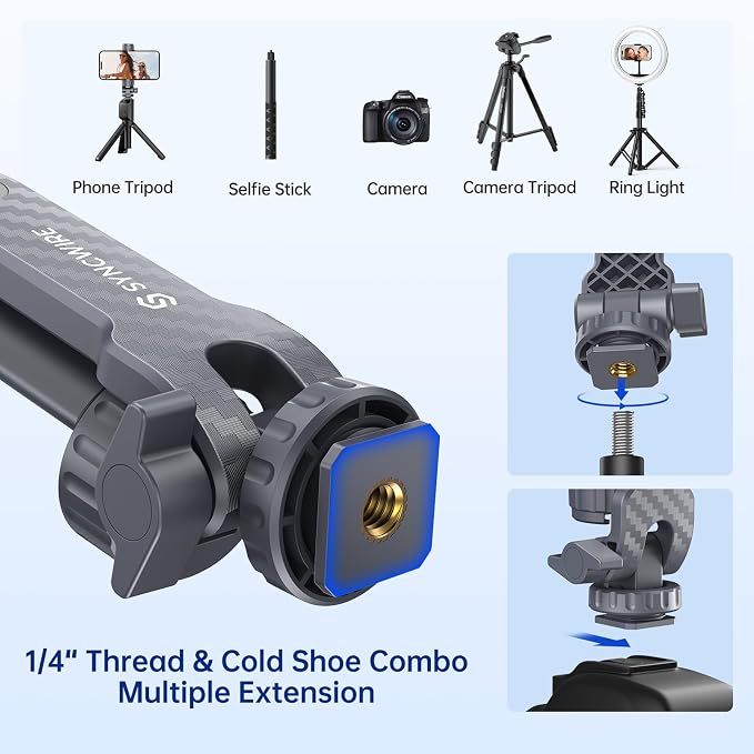 SYNCWIRE Tripod Phone Mount, Universal Smartphone Mount Adapter with 2 Cold Shoe and 1/4" Screw, 360° Rotates and 180° Tilts Adjustable Cell Phone Clamp Holder for Enhancing Mobile Photography Setup - Image 3