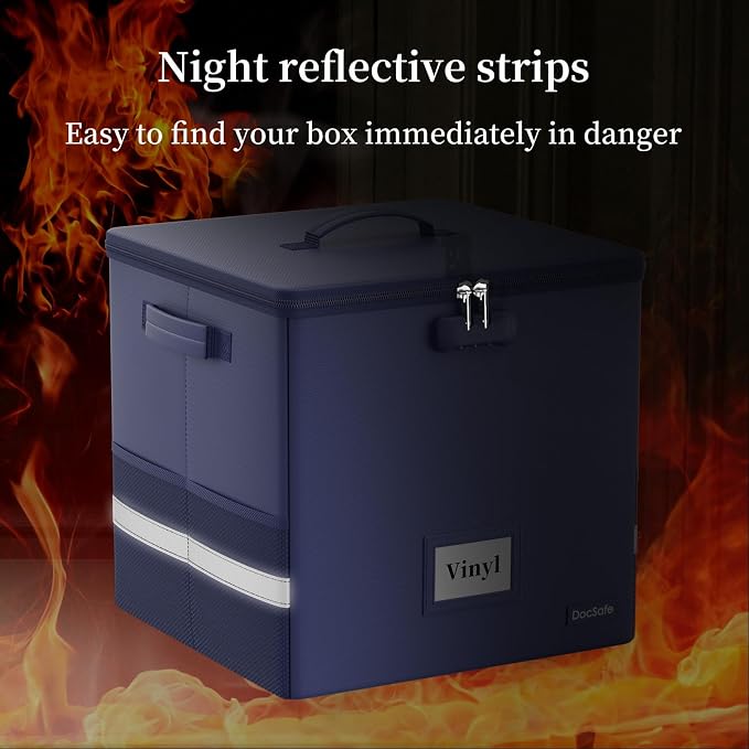 DocSafe Vinyl Record Storage Box with Lock, Fireproof＆Water Resistant Record Organizer for 100+ Single Records(12-inch), Collapsible Storage Crate with Lid&Handles for Valuable Album Collection, Blue - Image 9