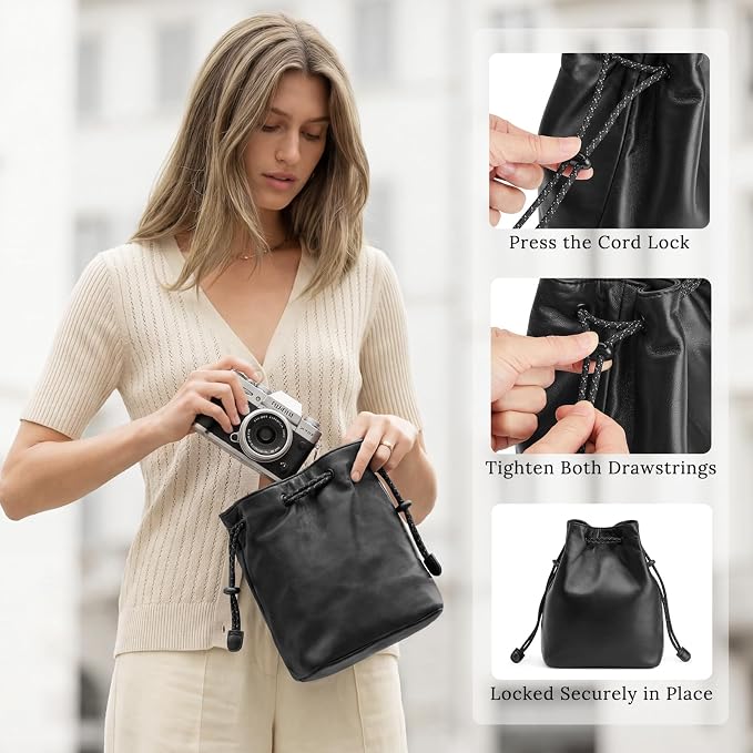 S-ZONESoft Leather Camera Insert Bag Drawstring Camera Pouch DSLR Lens Case | Top Grain Lambskin Leather, Drawstring Closure, Dust-proof, Scratch-resistant, Compatible with Canon Nikon Sony - Image 5