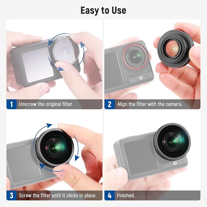 NEEWER Variable ND Filter Lens Kit Compatible with DJI Osmo Action 5 Pro/4, Screw On Multicoated HD Optical Glass ND8-32 (3-5 Stops) + 185° FOV Wide Angle Lens Action Camera Accessories, FL-54 - Image 8