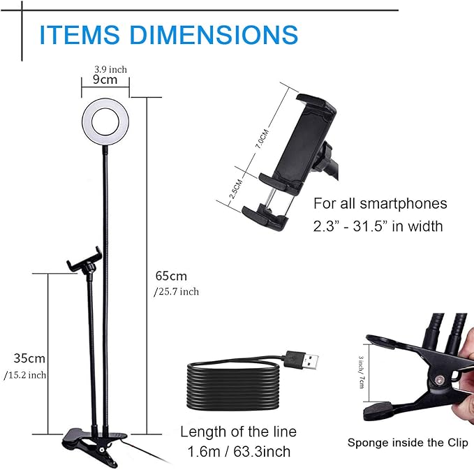 Clip on Light Reading Lights with Cell Phone Holder,Eye Protection Kids Desk Lamp, 360 ° Flexible Gooseneck Selfie Ring Light， LED Makeup Mirror Lights… (Selfie Ring Light with Cell Phone Holder) - Image 4
