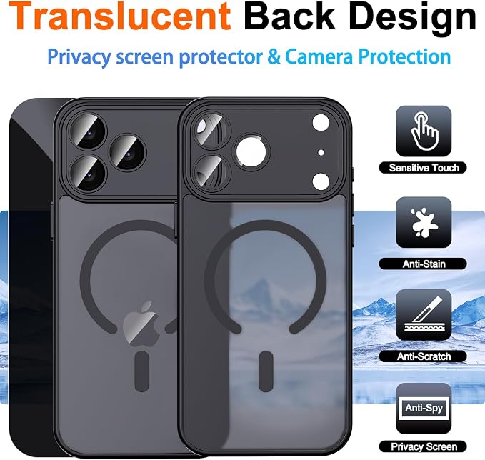 for iPhone 17 Pro Max Case with Privacy Screen Protector, Black | Full Camera Protection, Compatible with MagSafe, Magnetic Translucent Matte Shockproof Phone Cover for iPhone 17 ProMax - Image 2