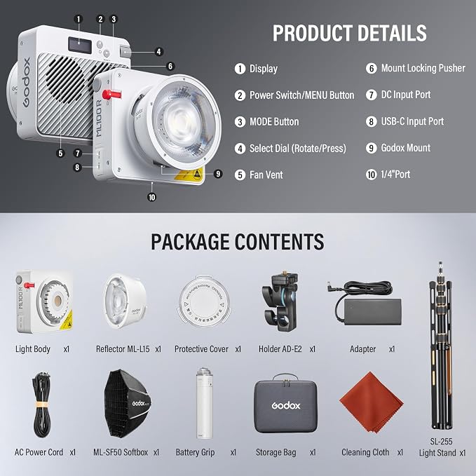 Godox ML100R RGB LED Video Light with 25600mAh Grip/Light Stand/Softbox | 110W Full-Color 1800K-10000K CRI 97+/TLCI 98+ 14 FX Effects Support APP Control for Live Streaming/Outdoor - Image 9