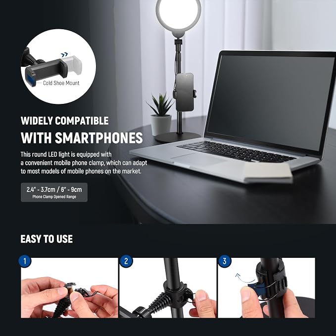 NEEWER Basics 7" Desk Ring Light for Video Recording, 10W Dimmable, R06 | Full Screen Key Lighting, Stand, Phone Holder for iPhone, Computer, Laptop, Vlog, Live Streaming, Video Conference Lighting - Image 6
