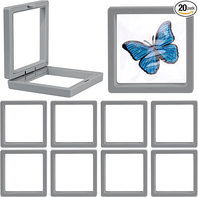 Framendino, 20 Pack Grey 3D Floating Frame Display Case Challenge Coin Holder 3.5x3.5x0.8 Stands Jewelry Storage Box for Medallion Shells Gems by Framendino