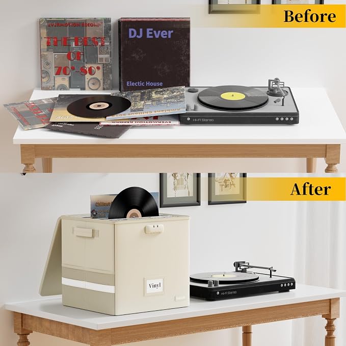 DocSafe Fireproof Vinyl Record Storage Box with Lock, Beige, 13"x13"x13" | Record Organizer for 100+ Single Records(12-inch),Collapsible,with Lid&Handles,Valuable Album Collection,Home&Travel Safe - Image 6