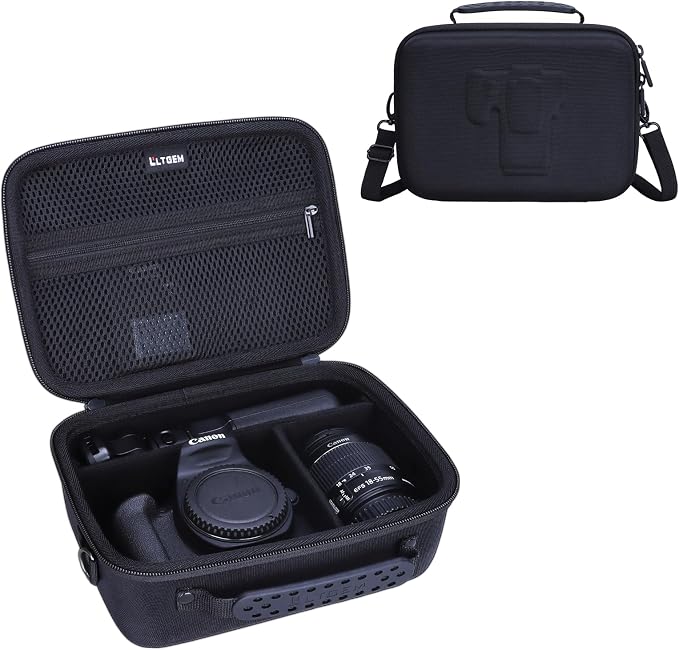L LTGEM Hard Camera Case Compatible with Canon EOS Rebel T7, R50, R6 Mark II, R100, DSLR SLR Cameras, Lenses, and Tripods, Camera Travel Bag, Featuring 4 Dividers and a Shoulder Strap, Black by LTGEM