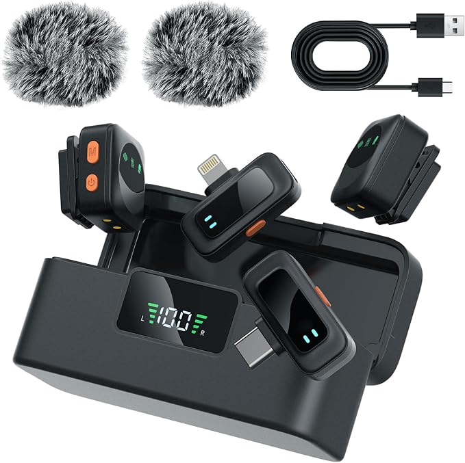 Ai Mini Mic Wireless Lavalier Microphone System (2TX+2RX+Case), Magnetic & Clip-On Microphone for iPhone, Android, Vlogging, Studio-Quality Sound, 48H Battery, Ai Noise Cancelling (Black) by Unknown