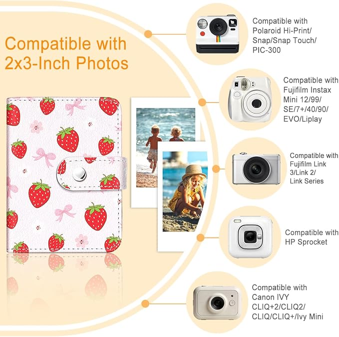 Strawberry Bow Small Photos Album for 2x3 Inch Films, 56 Pockets | Mini Cute Picture Book, Wallet Size, for Polaroid Fujifilm Instax Mini Instant Camera Printer, Kpop Photocard Binder Holders - Image 3