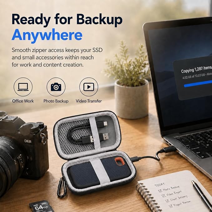 PAIYULE Hard Drive Case for SanDisk Extreme Portable SSD & Extreme PRO SSD | Elastic Strap Secures the SSD, Mesh Pocket Organizes Cables, Carabiner Adds Portability, Case Only(Black, For Sandisk V2) - Image 7
