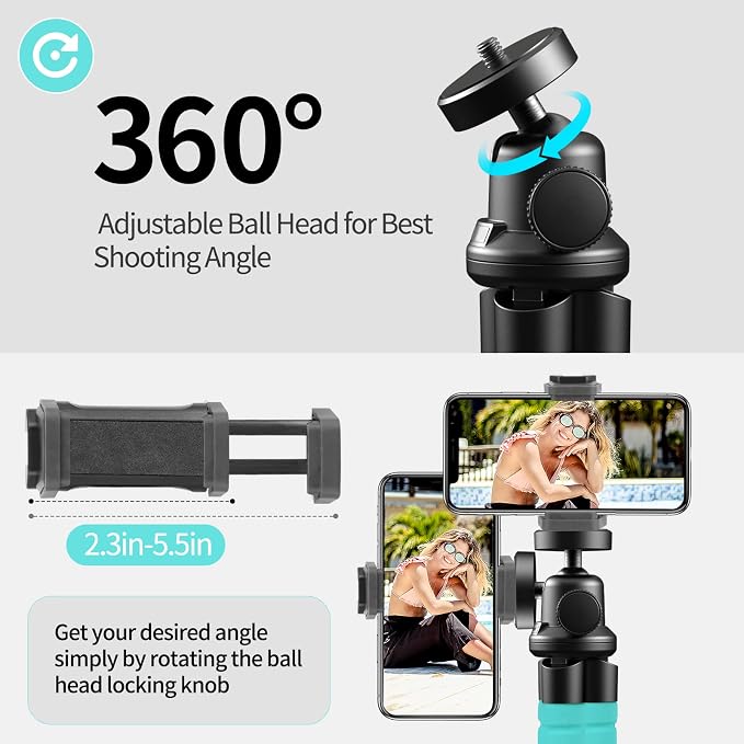 Aureday Phone Tripod, Flexible Tripod for iPhone and Android, Portable with Wireless Remote and Clip for Video Recording/Vlogging/Selfie (Blue) - Image 5
