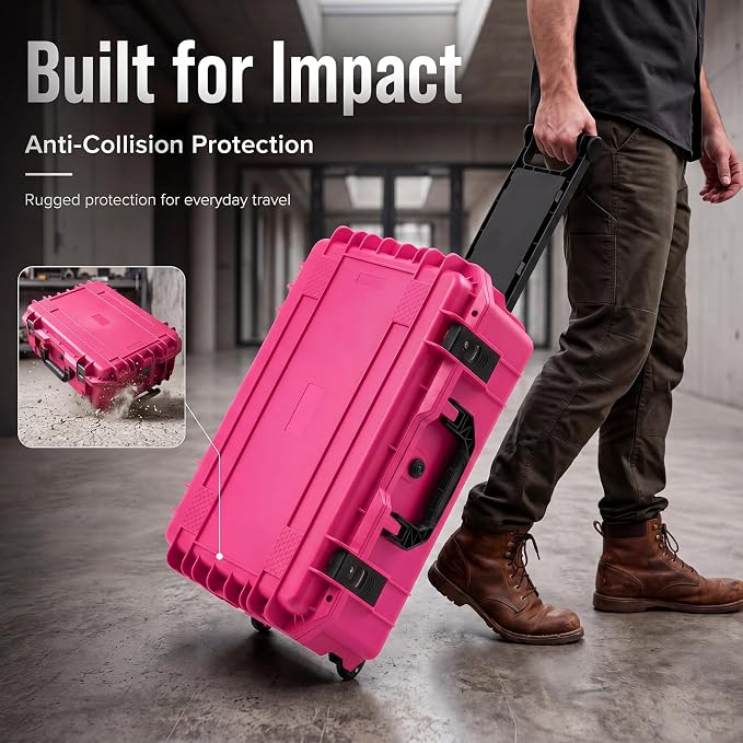 Relaxweex Rolling Camera Hard Case with Padded Dividers & Wheels, Impact-resistant Hard Shell Travel Case for Cameras, Lenses & Accessories(26 x 20 x 10 Inch,Rose Red) - Image 5