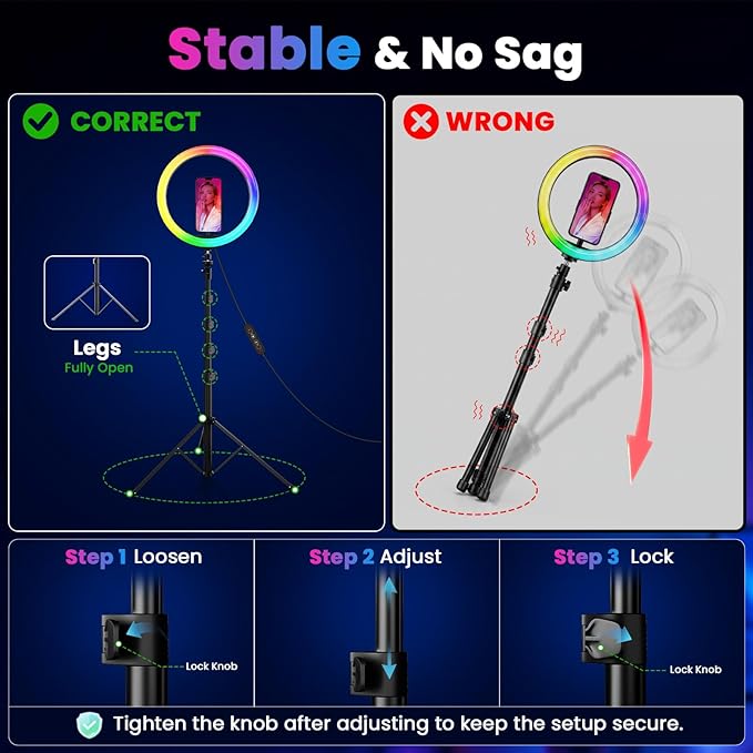 12" Selfie Ring Light with 73" Extendable Tripod Stand and Phone Holder, 38 Color Modes Dimmable RGB Ring Light,3-in-1 Desk & Floor Use for iPhone, Makeup, TikTok, YouTube, Live Streaming - Image 6