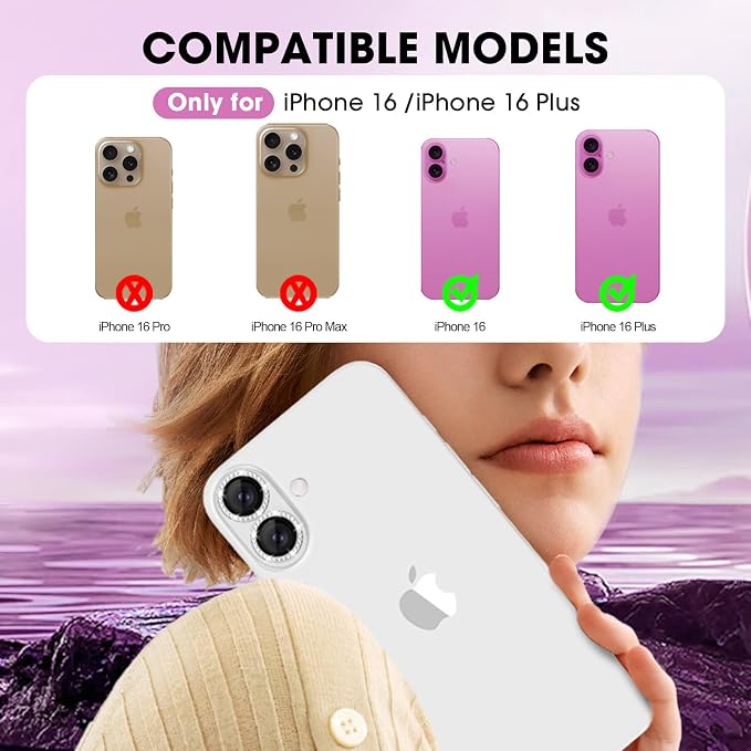 for iPhone 16/16 Plus Camera Lens Protector Bling Diamond, Silver | Individual Metal, 9H Hardness, Scratch Resistant, Shockproof, Drop Protection, Case Friendly, Stylish Accessories - Image 2