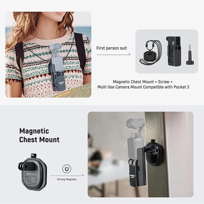 NEEWER Basics 16 in 1 Accessories Kit Compatible with DJI OSMO Pocket 3, Mini Tripod Selfie Stick Chest Strap Magnetic Neck Mount Extension Adapter Mountaineering Cycling Dual Cam Vlog, GP-52 - Image 4