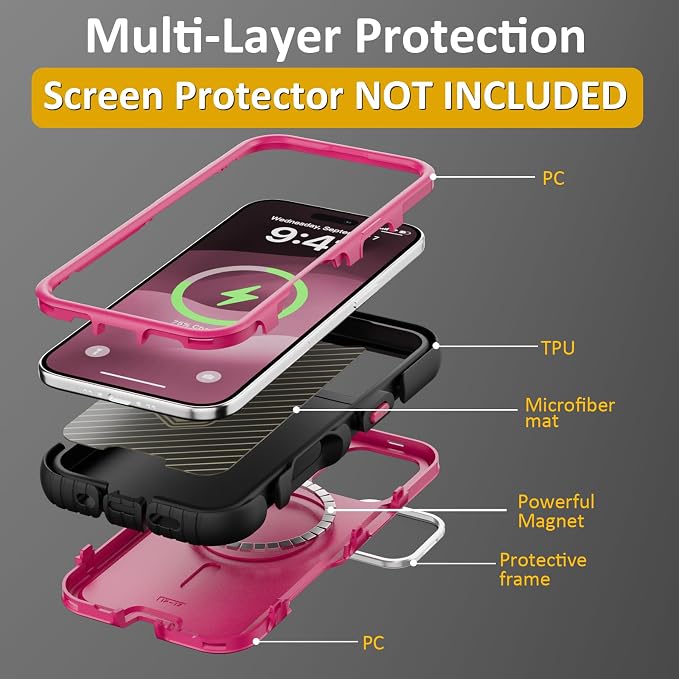 Follaroma Magnetic for iPhone 17 Case with Camera Cover Stand,Hot Pink,6.3" | Built-in Glass Camera Cover Stand,Compatible with MagSafe,Heavy Duty Shockproof Protective,Military-Grade Anti-DropDual Case - Image 6