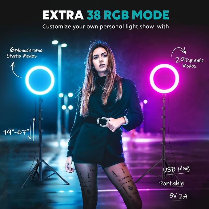 10" Ring Light with Stand 72'' Tall & Phone Holder,38 Color Modes Selfie Light with Tripod Stand,Stepless Dimmable/Speed LED Ring Light for iPhone & Android,YouTube, Makeup,TIK Tok - Image 5