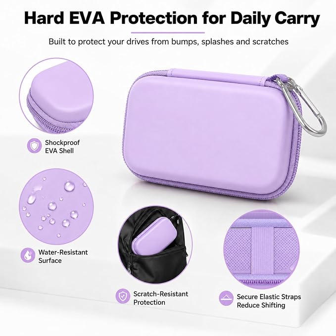 Comecase Dual SSD Case for SanDisk Extreme Portable SSD and Extreme PRO | Holds 2 Drives & 12 SD Cards, Elastic Strap Fit 500GB/1TB/2TB/4TB/8TB, Cable Groove & Carabiner for Travel, Purple, Box Only - Image 4