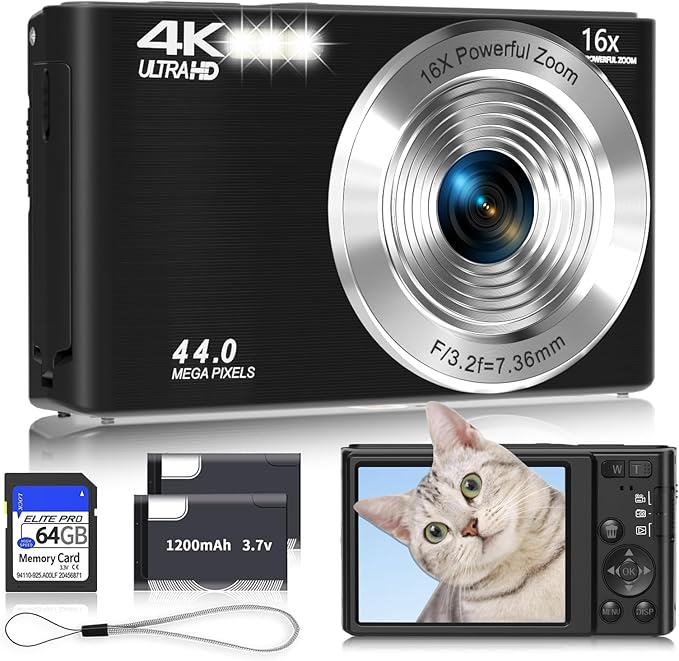 Digital Camera 4K, 2026 Upgrade Black Cameras for Teens, Autofocus Digital Point and Shoot Camera for Kids with 16X Zoom, 64GB SD Card, Compact Small Camera for Boys Girls Teens Kids Gift by SMARTKLIK