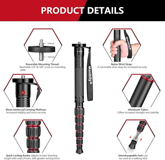 Camera Monopod Aluminum Portable Compact Lightweight Travel Monopod with Carrying Bag Walking Stick Handle,for DSLR Canon Nikon Sony Video Camcorder,6 Sections up to 61-in (A-555L) - Image 3