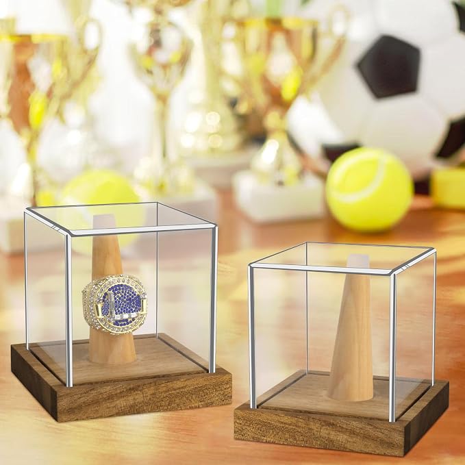 Clear Acrylic Championship Ring Display Case with Wood Stand Base, Memorabilia Stand Cube Holder Dust Protection Transparent Storage Box for Sports Baseball Basketball Fan Souvenir Protection Supplies - Image 3