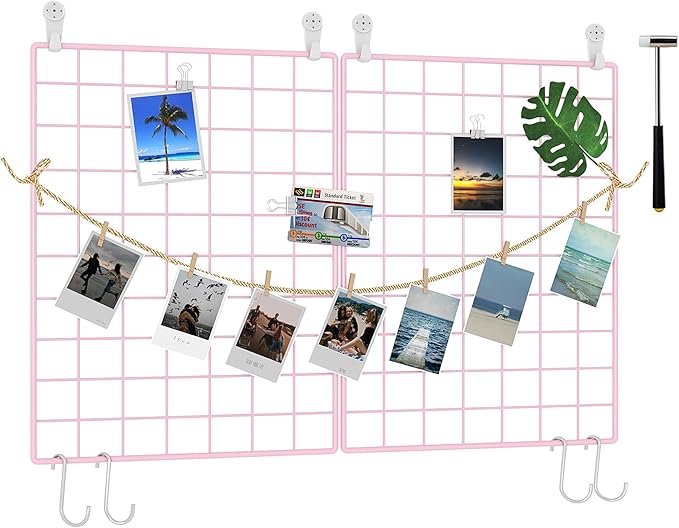 C&AHOME Photo Wall Display Set of 2, Wall Grid Panel, 15.7" x 11.8", Pink | Photo Display Shelves, Wall Storagae Organizer, Hooks, Clips, Hemp Cord, Hammer by CAHOME