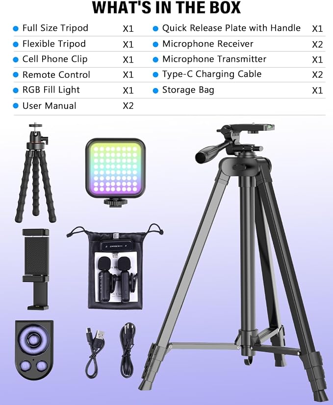 Vlogging Kit for iPhone/Android, YouTube Starter Kit with Wireless Microphone/Camera Tripod/Flexible Tripod/RGB Fill Light, Content Creator Essentials Kits for TikTok Vlog Video Recording - Image 7