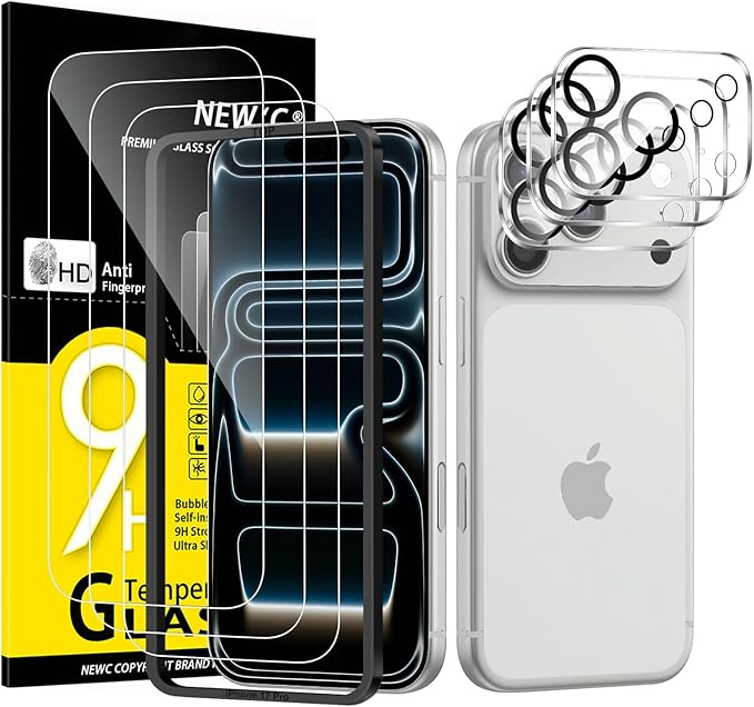 NEW'C 3x Screen Protector for iPhone 17 Pro (6.3 inches)+ 3x Camera Lens Protector, Sensor Protection, Case Friendly Tempered Glass Film, Ultra Resistant, Easy installation tool include by NEWC