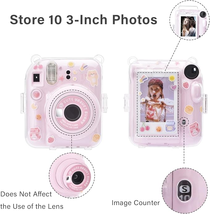 Rieibi Clear Case Compatible with Fuji Instax Mini 12, Carrying Case Bag for Fujifilm Instax Mini 12 Instant Camera with Photo Storage Pocket, Strap and Cute Sticker - Pink - Image 2