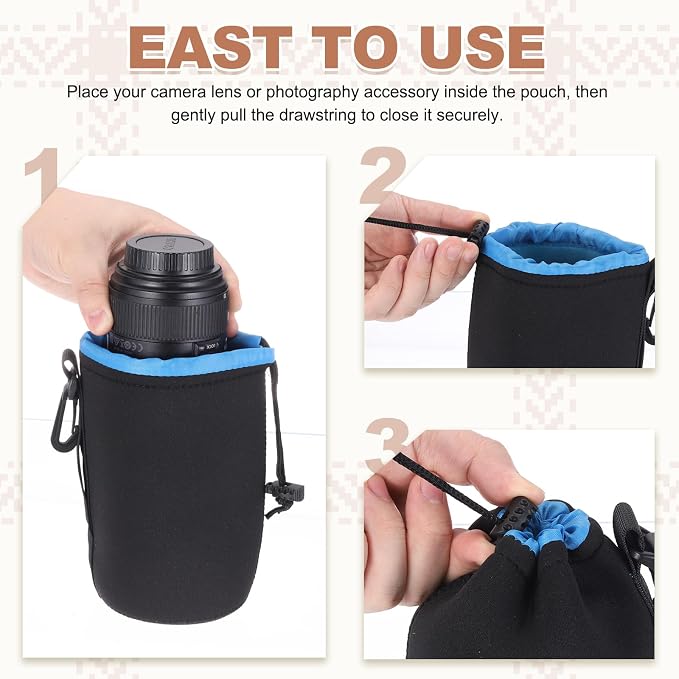PATIKIL 3 Pcs Camera Lens Pouch, 3" ID x 4" H Drawstring Lens Pouch Protective Camera Lens Case Bag Soft Plush Neoprene Bag for DSLR Photography Gear, Black - Image 5