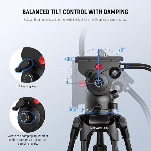 NEEWER LL34 78" Video Camera Tripod One Step Quick Release with Adjustable Damping Fluid Head, Heavy Duty Carbon Fiber Tripod with Dual Mode QR Plate, Max Load 22lb - Image 5
