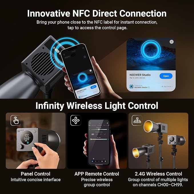 NEEWER 60W Mini LED Video Light with 50Wh Battery/100W PD Fast Charging, APP/2.4G Control/NFC, Bi Color Dimmable COB Studio Continuous Output Lighting 44,800 lux/1m 2700-6500K CRI97+ 12 Scenes, HB60B - Image 7
