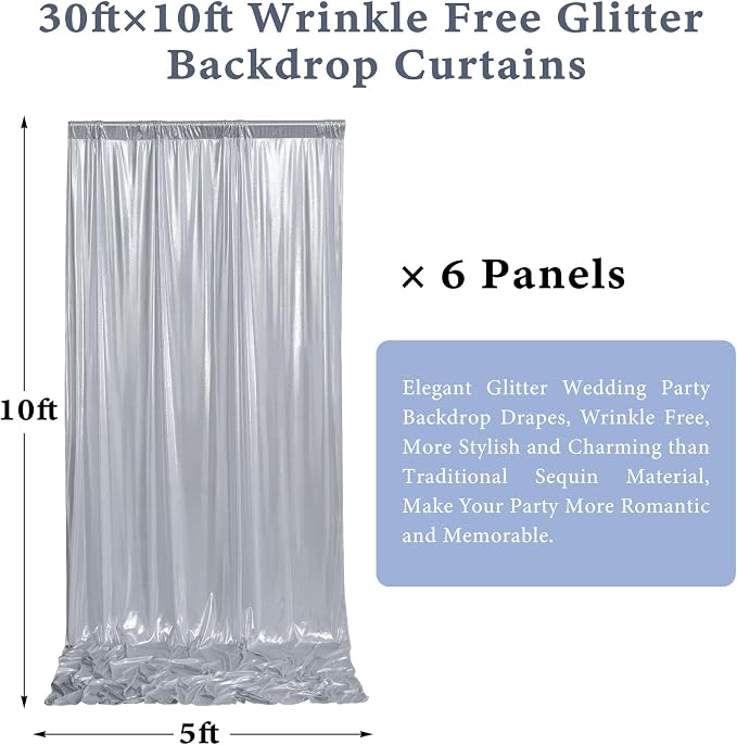 Outpain Thick 30 ft x 10 ft Silver Sequin Backdrop Curtain for Parties, Wrinkle Free Glitter Photo Backdrop Drapes 6 Panels 5x10ft Silver Back Drop Cloth for Wedding Christmas Photography Background - Image 2