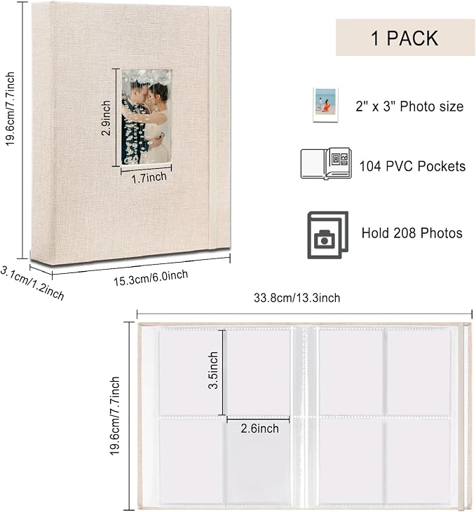 Fujifilm Photo Album, Mini Instant Film Photo Album, 208 Photos Pictures Book 2x3 Inch, Linen Hardcover Polaroid Book for Polaroid Instant Camera, Travel Family Anniversary Baby Vacations Beige 1 Pack - Image 4