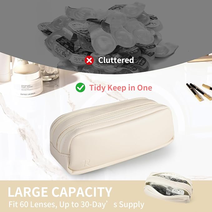Portable Daily Contact Lens Case Organizer, Traveling Contact Cases Bag with Clearly Labeled R & L, Water-Resistant Disposable Contact Lens Dispenser, Storage up to 60 lenses(Beige) - Image 5