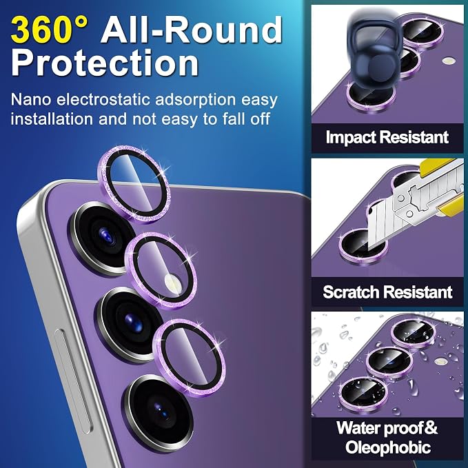 for Samsung Galaxy S23 FE Camera Lens Protector, Individual Metal Ring Tempered Glass Lens Cover, [Strong Adsorption] Scratch Resistant Ultra-Thin HD Clear Lens Cover, 1 Set-Purple Sparkly - Image 3