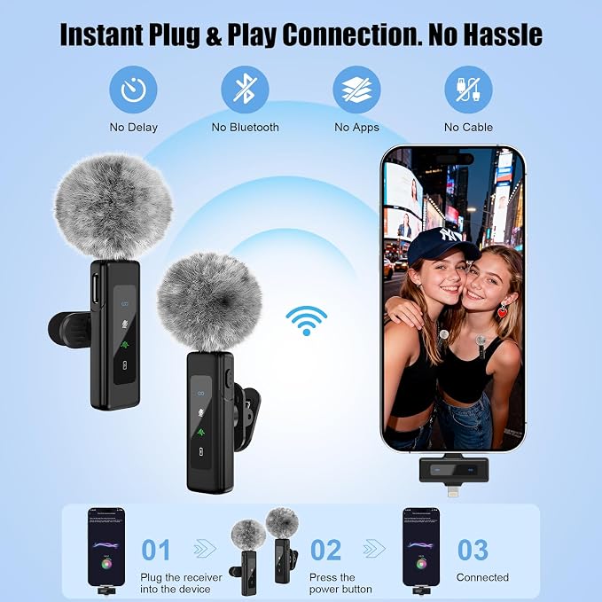 Wireless Mini Microphone for iPhone Android - 2 Pack Lavalier Mic | for Video Recording, Clip-on Lapel Mics Noise Reduction, Plug & Play Content Creator Mics for YouTube TikTok Podcast Vlogging - Image 4