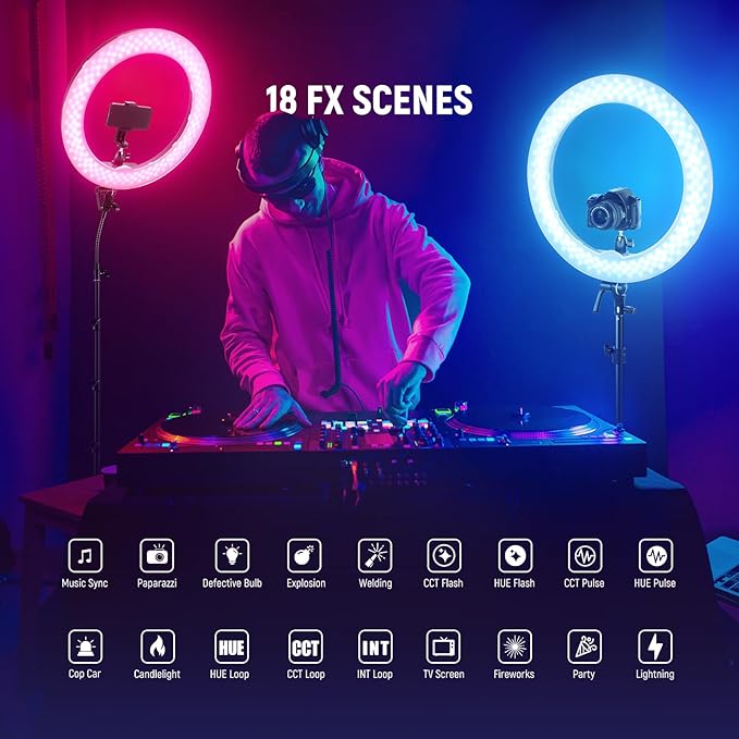 NEEWER 18 Inch RGB LED Ring Light APP Control with Tripod Stand and Phone HolderCompatible with iPhone for Selfie Makeup Lash Studio Streaming Video Recording Lighting, 42W Ringlight Dimmable,RGB18 II - Image 4