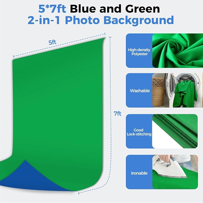 EMART 5x6.5ft Blue Green Screen Backdrop Kit with Reverse Folding Base | Reverse folding base for easy storage & transport，perfect for Photography, Photoshoot, Studio Video Recording, Streaming - Image 5