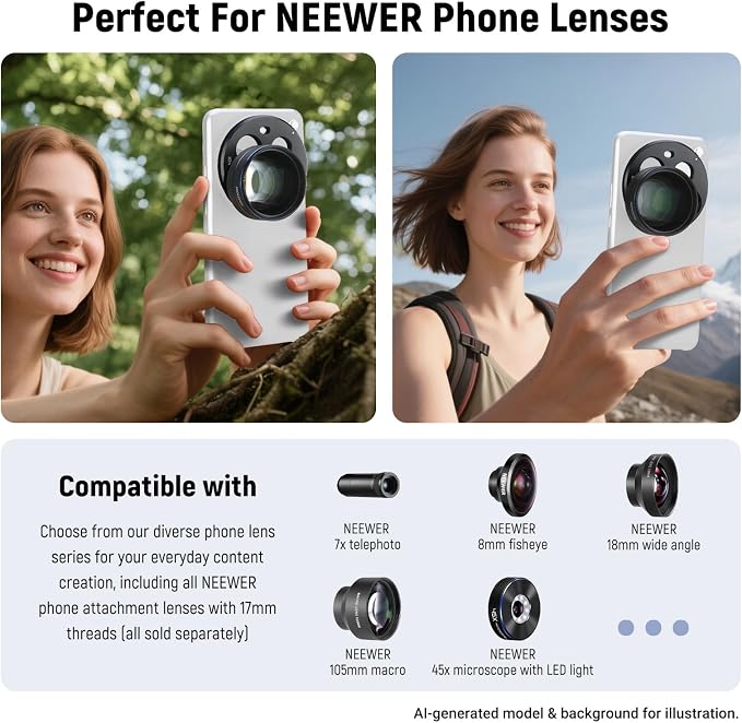 NEEWER 15 Ultra Lens Backplate, Aluminum Alloy 17mm Thread Phone Lens Adapter Holder for Main & Telephoto Cameras, Compatible with Xiaomi 15 Ultra Original Phone Case, PA111 (Black) - Image 6