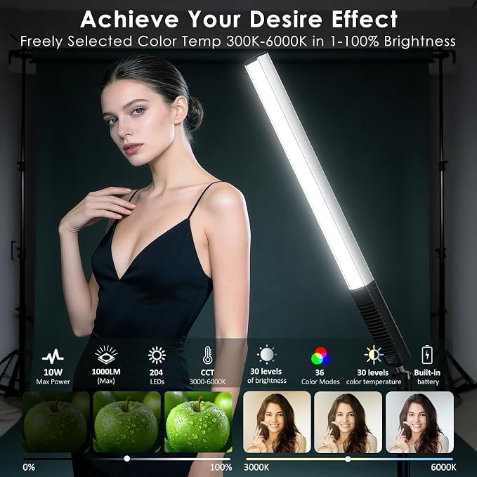 LUXCEO RGB LED Photography Lighting Portable Wand Handheld LED Video Light 1000 Lumens CRI 95+ USB Rechargeable with Remote Control, Carry Bag, Adjustable Color Temperature 3000K-6000K and 36 Colors - Image 2