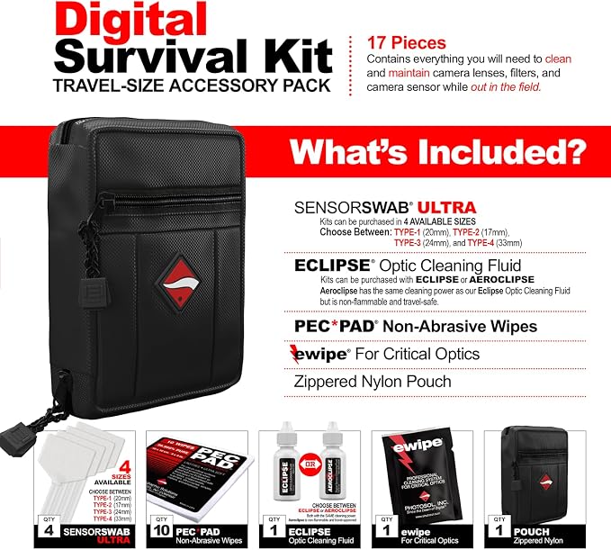Photographic Solutions Digital Survival Kit - Type-4 (33mm) Sensor Swabs, PEC-PAD Photo Wipes, E-Wipe Packet, Eclipse Optic Cleaning Fluid - Camera Cleaning Kit with Travel Bag - Image 2