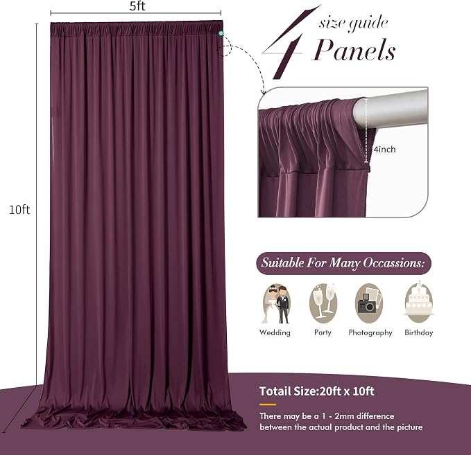 20 ft x 10 ft Wrinkle Free Maroon Backdrop Curtain for Parties, Polyester Burgundy Photo Backdrop Drapes 4 Panels 5x10ft for Baby Shower Wedding Birthday Party Engagement Ceremony Decoration - Image 5