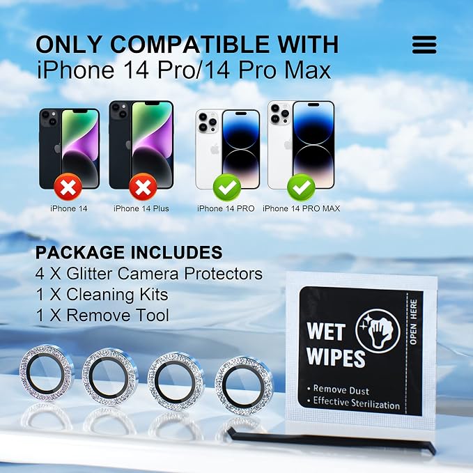 Misea Compatible for iPhone 14 Pro/iPhone 14 Pro Max Camera Lens Protector | 9H Tempered Glass Ultra HD Bling Camera Screen Protector Cover Metal Individual Ring Decoration Accessories, Silver Glitter - Image 2