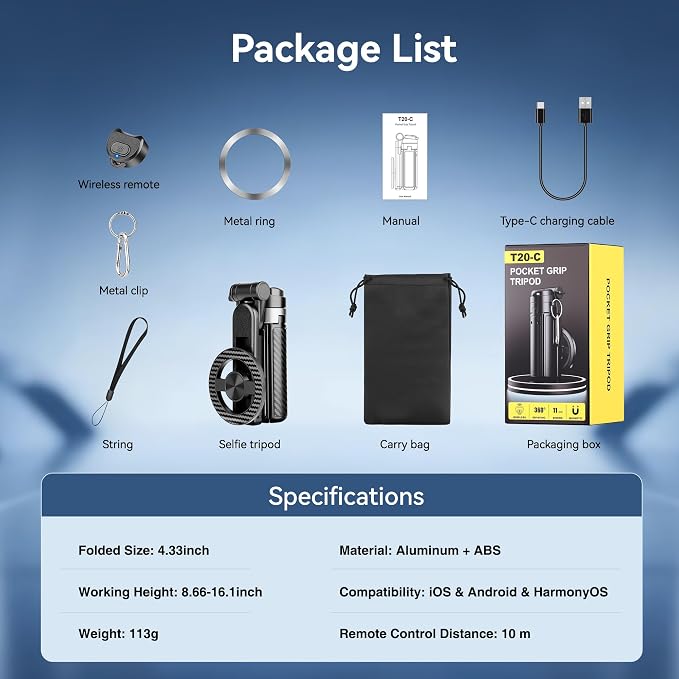 4-in-1 Multifunctional Magnetic Phone Tripod, Portable Selfie Stick for iPhone & Android with Detachable Remote and Metal Ring, Magnetic Tripod Extendable Length 4.33" - 16" - Image 7