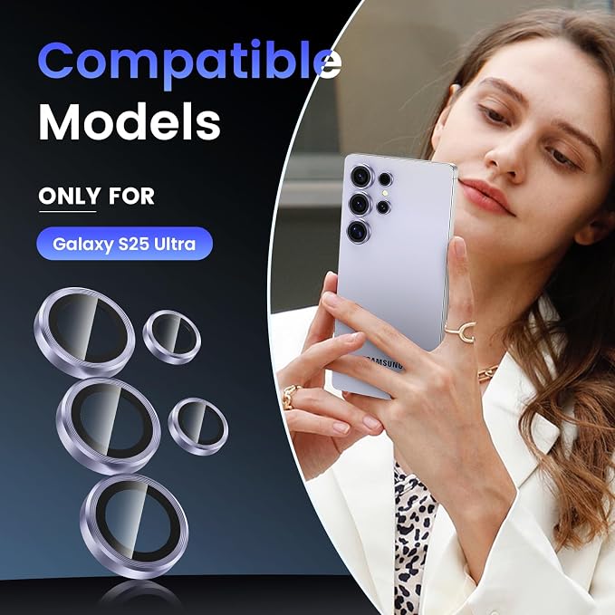 Tensea Compatible with Samsung Galaxy S25 Ultra Camera Lens Protector | 9H Tempered Glass Camera Cover Screen Protector Metal Individual Ring [Installation Tray][Case Friendly] - Image 2